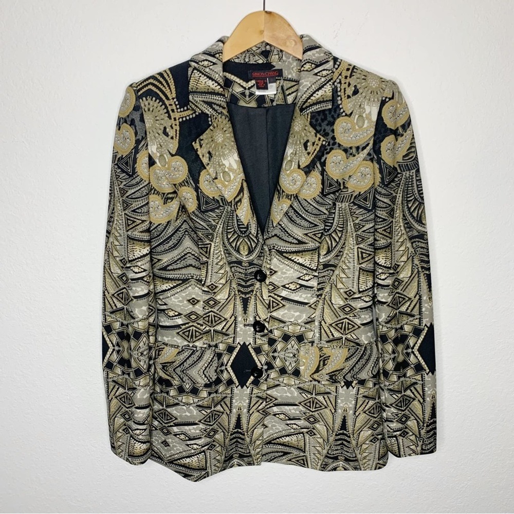 Simon Chang Jacquard Mixed Media Notched Lapel Shoulder Pads Blazer Coat